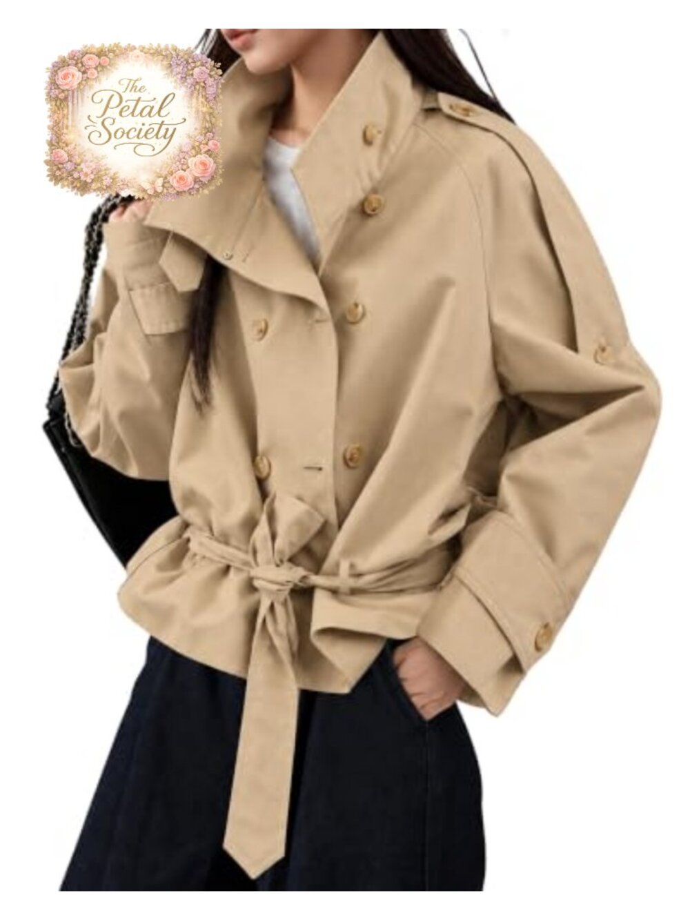 Womens Cropped Trench Coat Oversized Double Breasted Funnel Neck Jacket